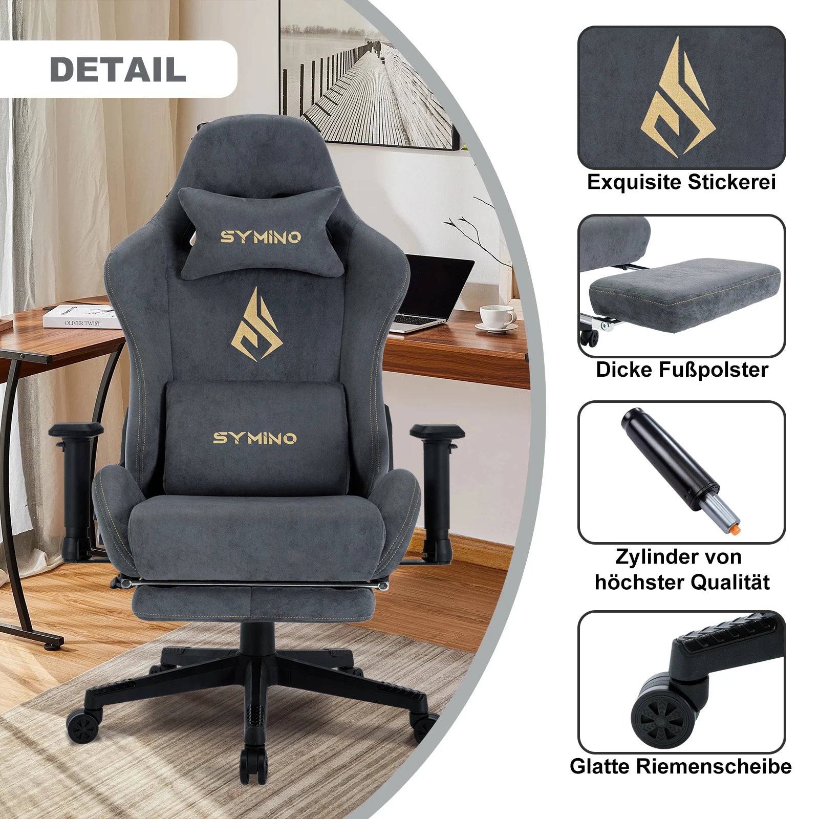 Silla para juegos Symino, silla ergonómica para jugadores con reposapiés, silla para PC transpirable con cojín lumbar ajustable, cojín para reposacabezas eprolo