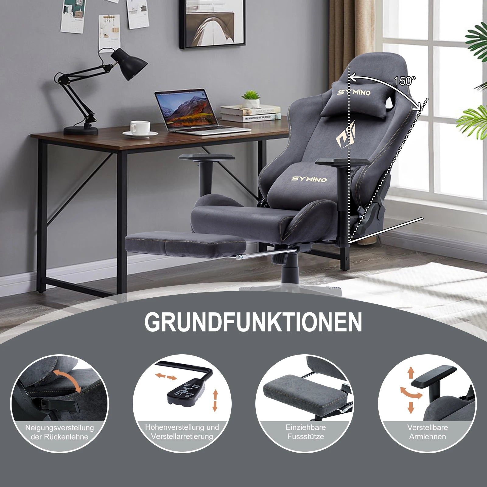 Silla para juegos Symino, silla ergonómica para jugadores con reposapiés, silla para PC transpirable con cojín lumbar ajustable, cojín para reposacabezas eprolo