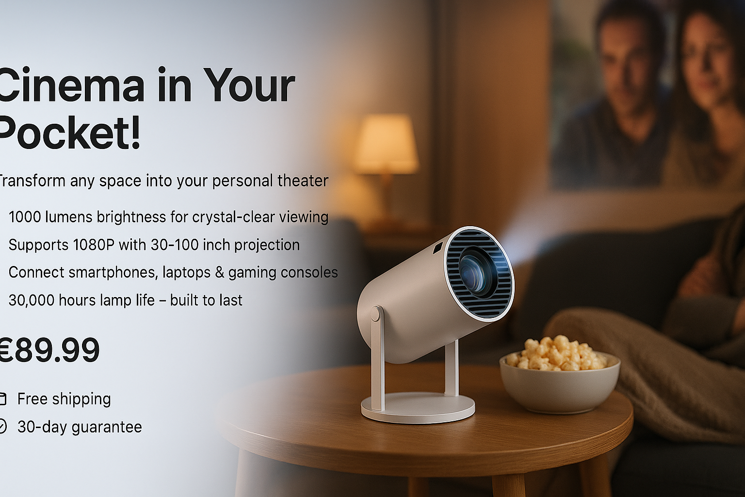 Bannière "Cinema in Your Pocket!" avec le projecteur blanc exact Kangastore™ sur son support dans un décor cinéma